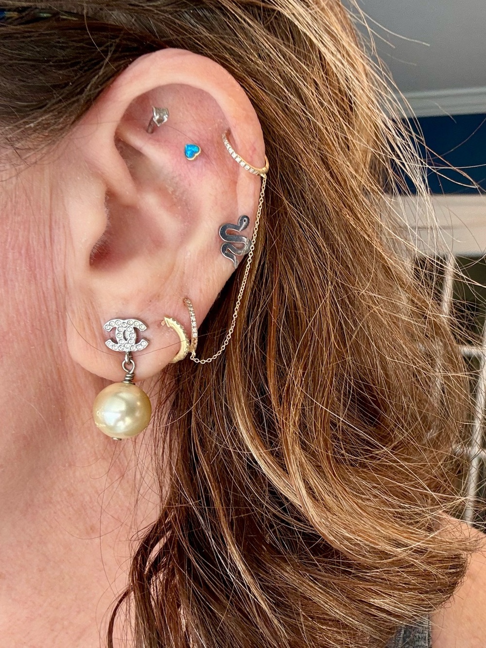 CHANEL Gold-Tone CC Drop Earrings with Champagne Pearl